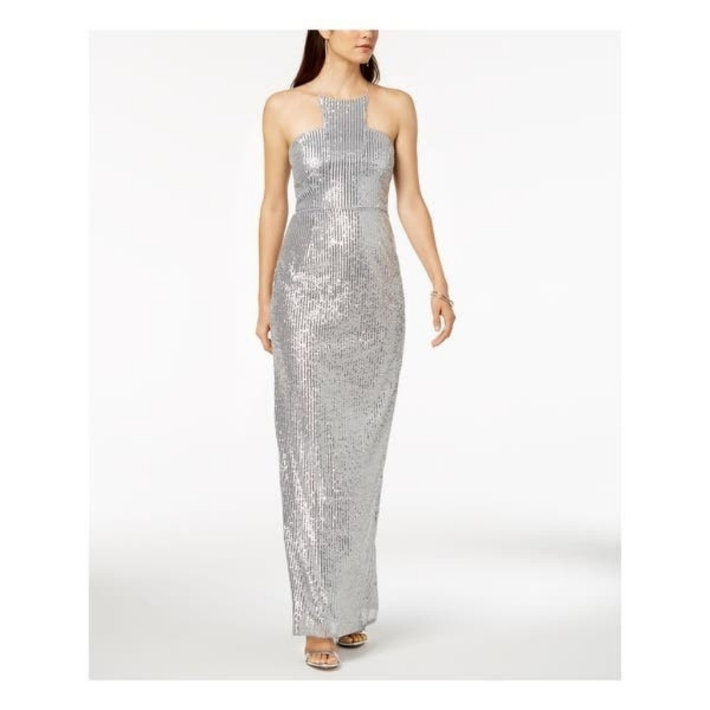 Adrianna Papell halter silver sequin dress